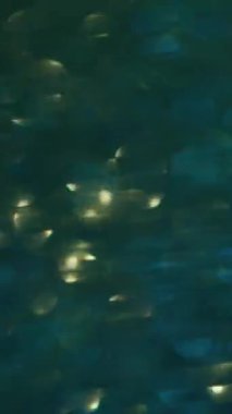 Dikey video. Bulanık altın kıvılcımlar. Aydınlanmış göz kamaştırıcı. Aydınlık arkaplanda süzülen çok renkli pembe yeşil parıltılı lens..