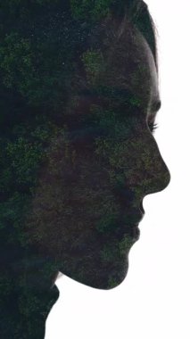 Dikey video. Doğa farkındalığı. Sürdürülebilir Dünya. Havada toz bulutu yüzen hava manzaralı orman çift pozlama profilli kadın yüzü silueti beyaz üzerine izole edilmiş..