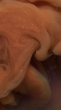 Dikey video. Sis dokusu. Mürekkep suyu. Bulanık turuncu mor renk duman kimyasal madde soyut sanat arka planında yüzen sıvı dalga.