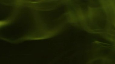 Duman buharı. Boya akışı. Odaklanmamış neon yeşili sis akrilik dumanlı su fırıl fırıl dönen sis sıvısı soyut koyu siyah arkaplanda hareket ediyor.
