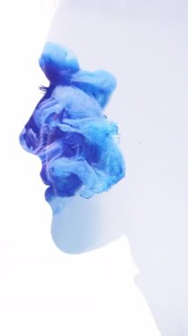 Dikey video. Ruhani terapi. Meditasyon aydınlanması. Mavi bulut esinlenmiş kadın, beyaza izole edilmiş çift taraflı profil siluetiyle karşı karşıya..