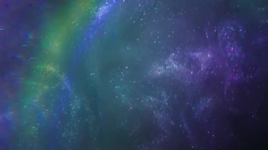 Parıltı sıçraması. Hafif arkaplan. Odaklanmamış mor yeşil renkli renkli gökkuşağı neon deseni akrilik soyutlama üzerinde yüzüyor..