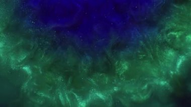 Göz kamaştırıcı bir dövme. Boya patlaması. Mavi yeşil turkuaz parlak toz girdap sızıntısı. Soyut renk bulanıklığı parçacıkları su dokusu.