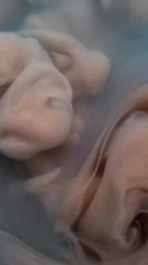 Dikey video. Mürekkebi karıştır. Duman suyu. Odaklanamayan mavi mor renkli duman boyası kimyasal sis soyut ruhani buhar sanat arka planında yükseliyor..