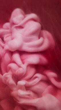 Dikey video. Su altyapısı. Boya rengi. Odaklanmamış pembe kırmızı bulut dokusu, sıvı kimyasal sıvıyı soyut sanat eserlerine yayıyor..