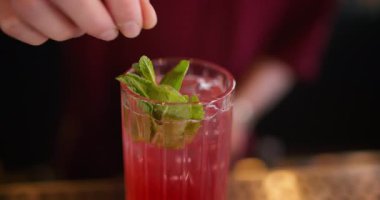 Süslendirici içecek. Buzlu nane kokteyli. Barmen kırmızı içeceğe taze yeşil yapraklar ekliyor. Kurutulmuş narenciye dilimleriyle dekore ediliyor..