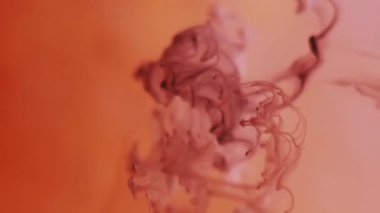 Boya çözeltisi. Duman girdabı. Kahverengi turuncu renk su damlatan resim pigmentleri. Sis damlası kıvrımlı boya buharı soyut sıvı arka plan lekesi.