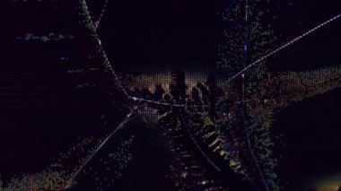 Hata görüntüleme. Gürültü hatası. Mavi sarı mor renkte kırık eserler soyut siyah Bokeh arka planında elektronik sıvı titreşimler çiziyor..