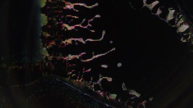 Geleceğin dokusu. Bozulma sesi. Mavi turuncu renk arızası frekans objeleri dijital dalga koyu siyah sanat soyut arkaplan.