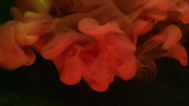 Dalga mürekkebi dokusu. Renkli sis. Soyut koyu siyah arkaplan üzerine yayılan sönük pembe parıltılı gökkuşağı su dumanı pigmenti.