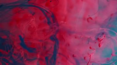 Duman sıçrıyor. Boya karışımı. Kırmızı mavi karışık girdaplı sanat suyu damlaları damlalar çözülmüş pigmentler yayılmış. Soyut sıvı doku arkaplanı.