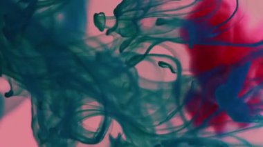 Boya çözeltisi. Duman girdabı. Pembe turkuaz pigmentler damlayan renkli su buharı karışımı. Sanat boya damlası soyut sıvı arkaplan.