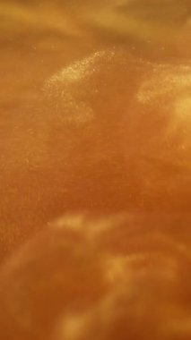 Dikey video. Işıl ışıl. Sanat pırıltısı. Toz akışı girdap mürekkep sisi emülsiyonu. Turuncu sarı renk parlak desen soyut bulanık scintilla arkaplan.