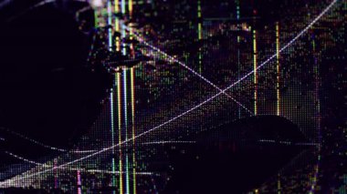 Görsel bir arıza. Matris kusuru. Mavi sarı sanat eserleri koyu siyah sanat soyut arkaplan üzerinde kırılmış dijital sıvı fütüristik çizgiler.