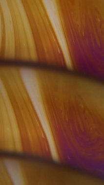 Dikey video. Renk sıvısı. Suyu boya. Soyut akrilik sanat arka planında yüzen sarı mor kimyasal emülsiyon damlacıkları.