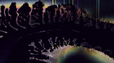 Arıza ekranı. Dijital bozukluk. Mavi, sarı, pembe, sıvı, parlayan, gürültülü objeler koyu siyah, soyut arka planda kırık bir etki yarattılar..