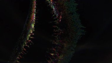 Dijital ekran. Arıza sanatı. Mavi turuncu siyah renk frekansı gürültüsü eski film eğrisi dalga çizgileri koyu soyut desen.