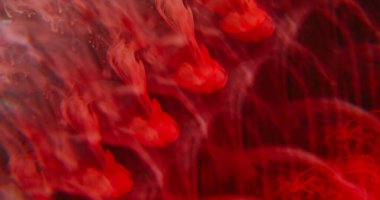 Boya sıçraması odağını kaybetti. Dumanı karıştır. Parlak kırmızı pigment sisi koyu suda akıyor. Renkli kaleydoskopik lens kıvrımlı soyut bulut arkaplanı.