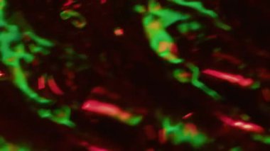 Prizma geçmişi bulanık. Yansıma flaş dokusu. Siyah üzerinde kırmızı yeşil parlak renk girdabı. Soyut kaleydoskop optik etkisi.