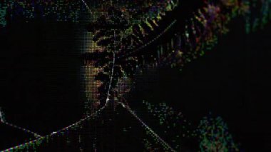 Hata görüntüleme. Gürültü hatası. Mavi sarı mor renkte kırık eserler soyut siyah Bokeh arka planında elektronik sıvı titreşimler çiziyor..