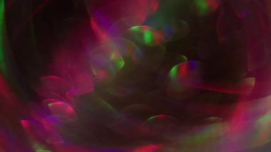 Bulanık kristal parıltı. Göz kamaştırıcı neon bokeh. Pembe, yeşil, aydınlatmalı, parlak mercek, soyut, siyah, görsel arka planda parıltı çemberi..