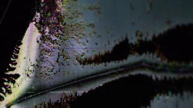 Sinyal sesi. Dijital ekran. Mavi pembe sanat eserleri sıvı dalga fütüristik piksel kırıkları koyu siyah sanat soyut arka planına damlıyor..