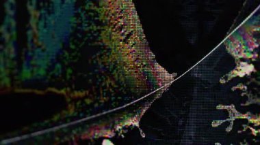 Elektronik bozulma. Ekran sanatı. Mavi sarı mor renk sıvı renk gökkuşağı kalıntıları soyut koyu siyah bokeh arka planda fütüristik sıçrama.