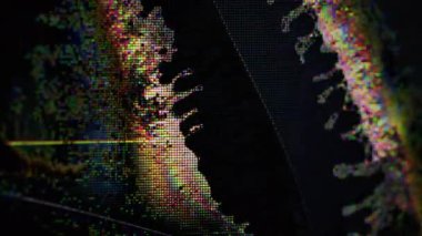 Statik ekran. Dijital piksel. Mavi sarı mor renk frekansı objeleri fütüristik patlama sıvısını koyu siyah soyut bokeh arkaplan üzerine damlatıyor..