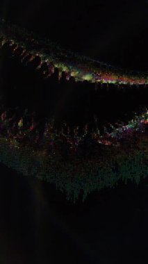 Dikey video. Bozulma geçmişi. Arıza sanatı. Mavi turuncu siyah renk frekansı gürültüsü eski film eğrisi dalga çizgileri koyu soyut desen.