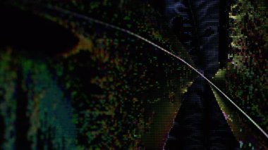 Ekran objeleri. Arıza mozaiği. Mavi sarı renk frekansı dijital sıvı akışı fütüristik elektronik bozulma koyu siyah bokeh soyut arka planda patlar.