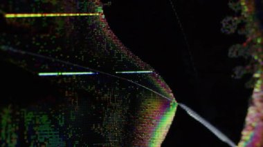 Hata piksel. Statik frekans. Mavi sarı mor renkli eserler sıvı dalga fütüristik gökkuşağı damlaları koyu siyah sanat soyut arka planda patlar.