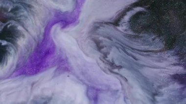 Shiny paint. Pigment swirl. Colorful fluid blend dye sparkling violet black white flow. Neon acrylic marble curl abstract blur background.