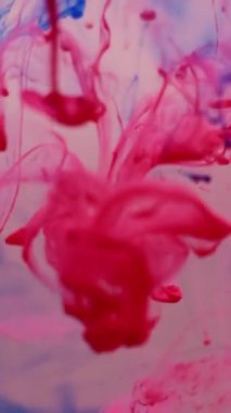 Dikey video. Sıvı mürekkep damlası. Su damlacıklarını boya. Renk damlatma karışım akışı çözünmüş sıvı. Canlı sanat dumanı harmanlama arkaplan dokusu.