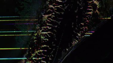 Hasarlı arkaplanı göster. Matris bozulması. Kırık siyah arkaplanda yüzen neon sıvısı. Renkli gürültü Odaklanmış arıza ışığını sıçratır.