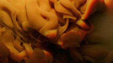 Boya sisi. Portakal rengi pigmentler. Bulanık gökkuşağı renk simli bulut parçacıkları soyut akrilik sualtı sanat arka planında yayılıyor.