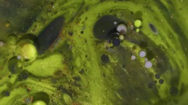 Boya karışımı. Akrilik kabarcıklar. Odaklanmamış sarı, mor, mor yağ rengi, ışıltılı, parlak sıvı daire, soyut sanat bokeh arkaplanı..