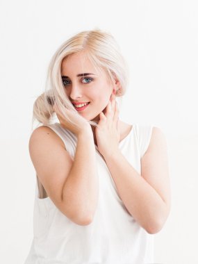 confident blonde with big blue eyes  flirting