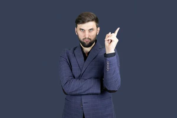 Businessman Man Beard Blue Suit Shows Direction His Index Finger — Stock Photo, Image