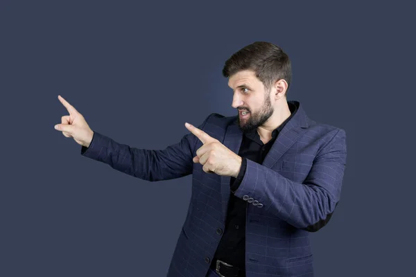 Businessman Man Beard Blue Suit Shows Direction Both Hands — Stock Photo, Image
