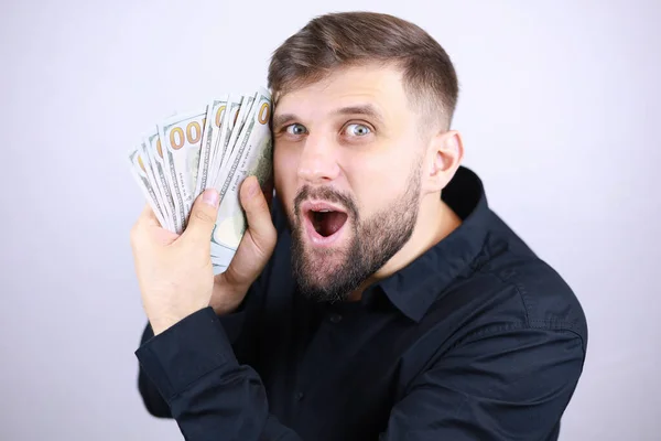 Man Zakenman Drukte Het Geld Zijn Gezicht Verheugde Zich — Stockfoto