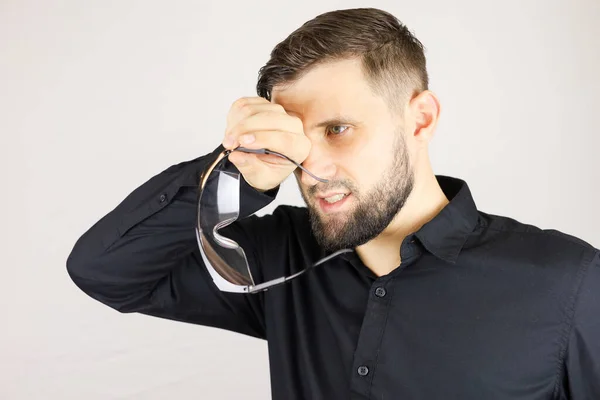 Man Holds Medical Glasses His Hands — Stock Photo, Image