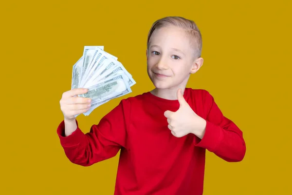 Gelukkig Kind Houdt Bankbiljetten Zijn Hand Geeft Een Duim Omhoog — Stockfoto