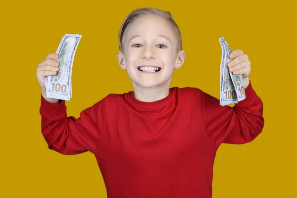 Ein Fröhliches Kind Rot Hält Ein Bündel Dollarscheine Vor Sich — Stockfoto