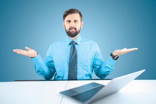 Businessman Blue Shirt Tie Shows Gestures His Hands Stylish Man — Stock Photo, Image