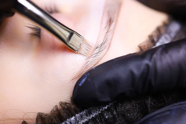 Kalıcı Makyaj Işleminden Önce Kaş Hatlarını Fırçayla Özetlemek Yakın Hazırlık — Stok fotoğraf