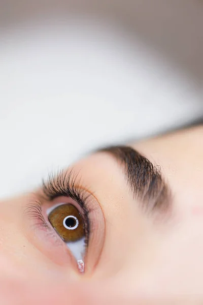 Close Dos Olhos Uma Menina Bonita Após Procedimento Laminação Cílios — Fotografia de Stock