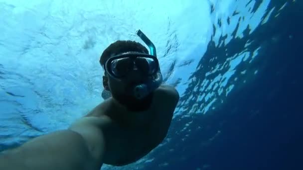 スキューバダイビングに従事する髭の男が海の表面に浮かび 勝利の兆候を示しています — ストック動画