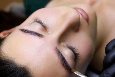 Kaşları birleştirme ustası ikinci bileşimi modelin kaşlarında bir fırçayla eşit olarak dağıtır.