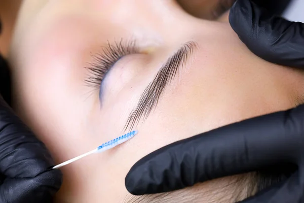 close up of the master\'s hands holding the brush the master directs the growth of hairs after lamination of the eyebrows