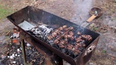 Çam ormanındaki bir barbeküde adamın biri kızarmış eti çeviriyor.
